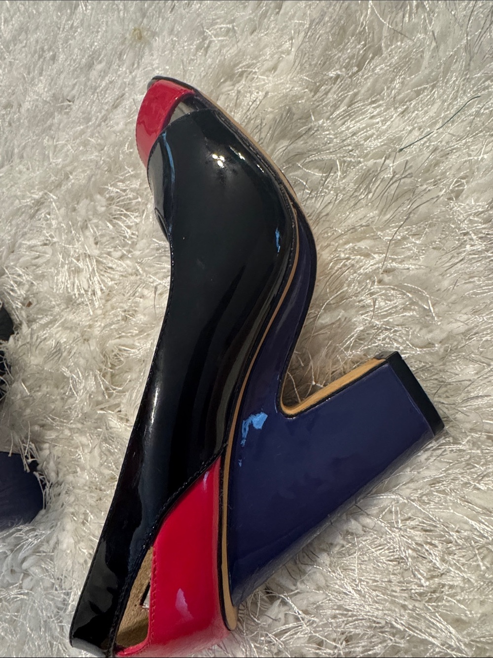 Women’s Patent Peep-Toe Block Heel Pumps - Black, Deep Purple Heel, and Hot Pink - Picture 5 of 14